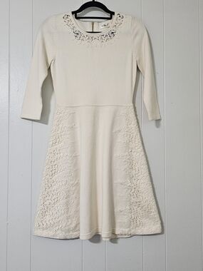 Eliza J Ivory Lace Fit Flare Dress XS Knit 3/4 Sleeve A-Line Wedding